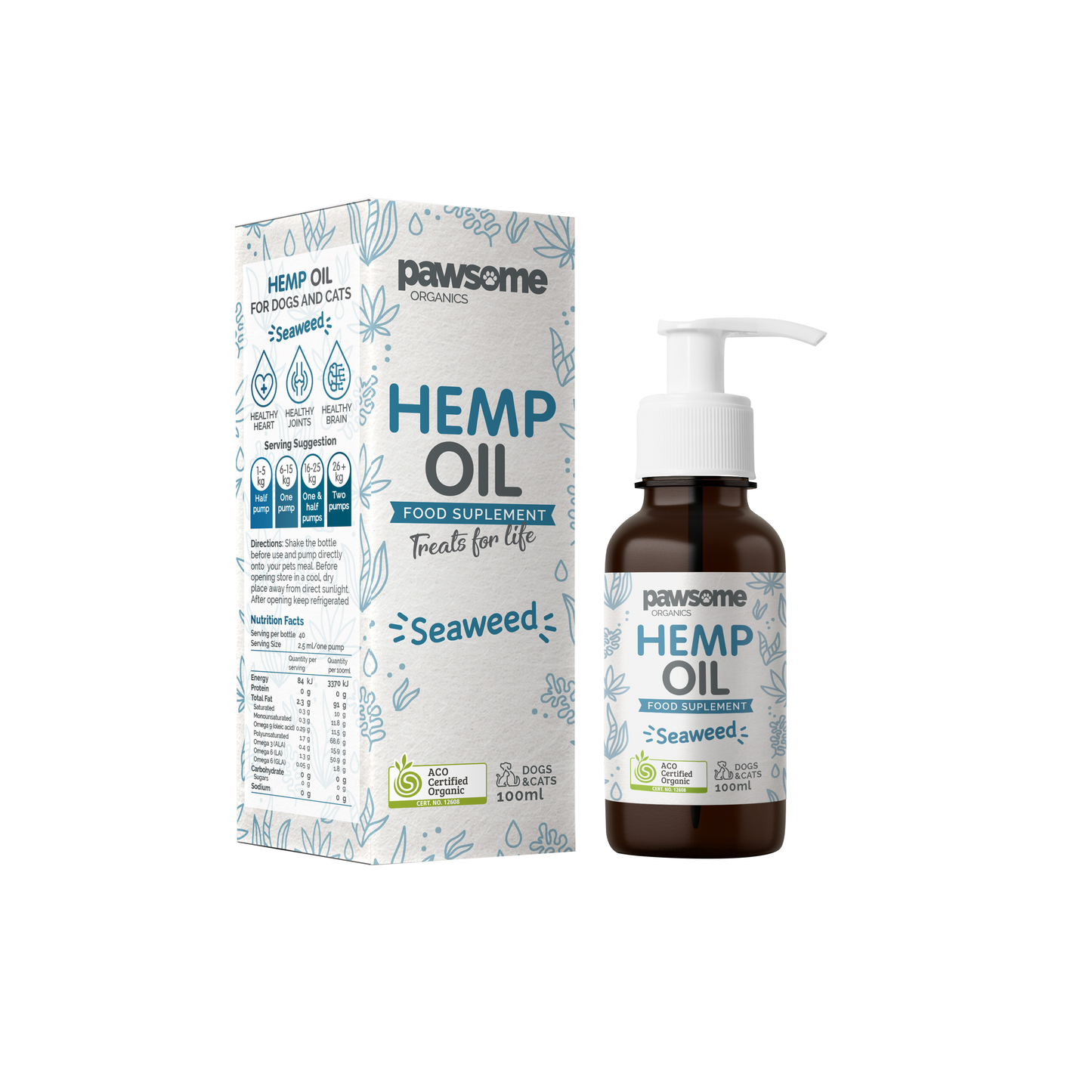 Pawsome Organics Certified Pet Supplements Hemp Oil and Seaweed 100ml