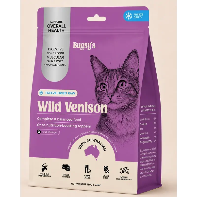 Bugsy's Freeze Dried Complete Diet For Cats Venison 130g