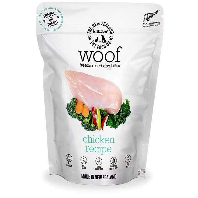 The New Zealand Natural Woof Dog Bites Freeze Dried Chicken Travel Treat 50g