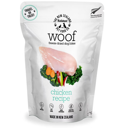 The New Zealand Natural Woof Dog Bites Freeze Dried Chicken Travel Treat 50g