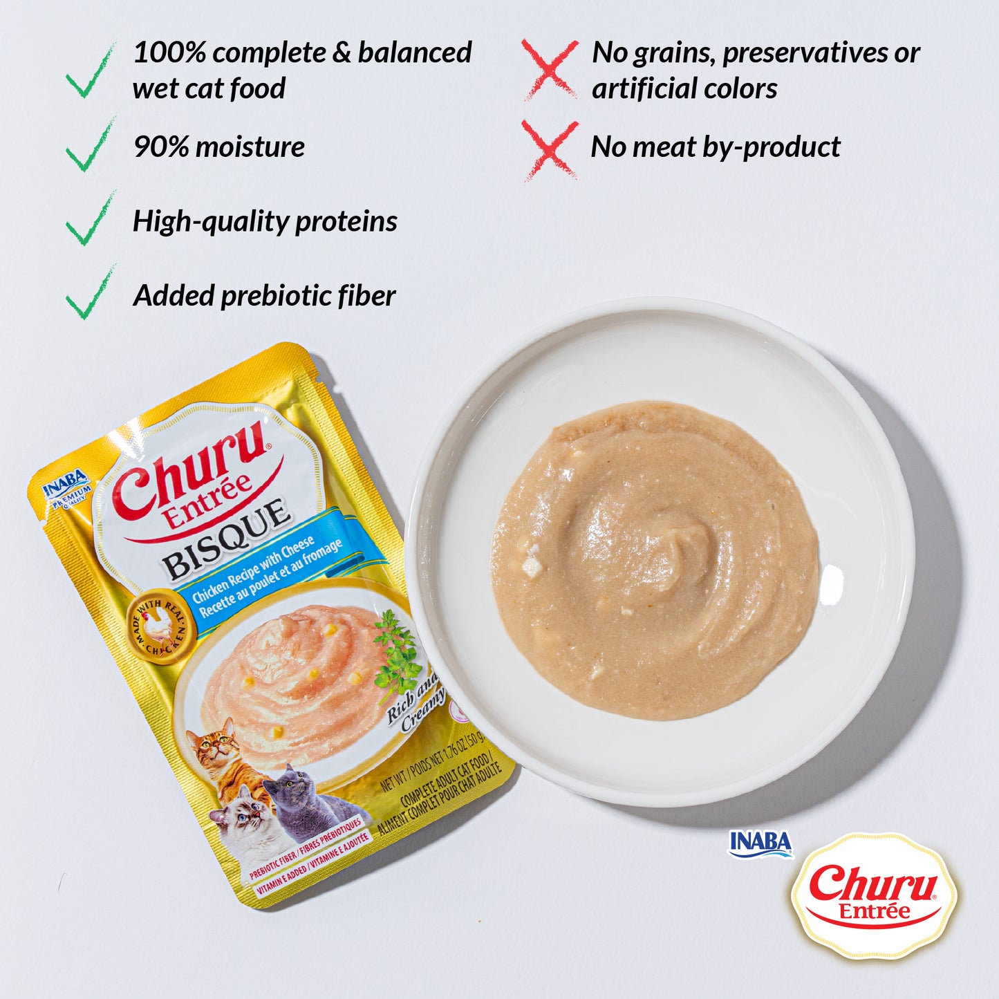 INABA Cat Complete and Balanced Wet Food Churu Entrée Bisque Chicken Recipe Multi Pack 50g x 6
