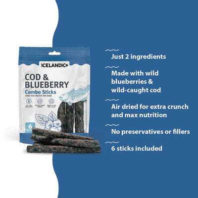 Icelandic+ Dog Treats Cod & Blueberry Combo Sticks 6 Sticks