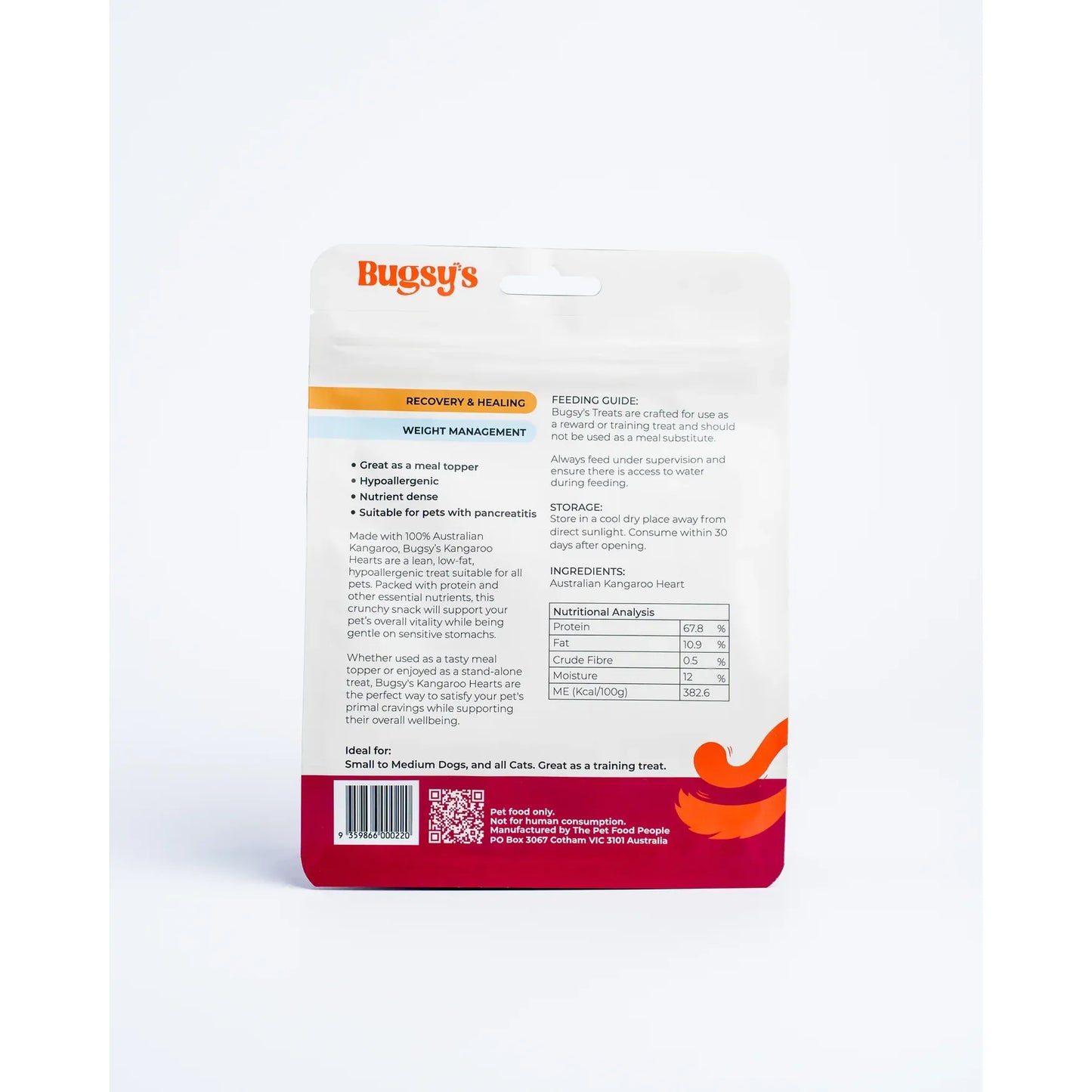 Bugsy's Dehydrated Pet Treat - Kangaroo Heart 80g