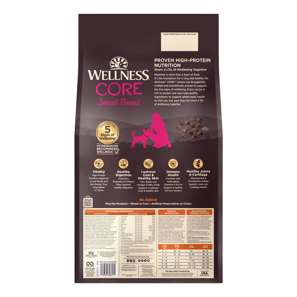 WELLNESS Core Grain Free Dog Dry Food Small Breed Original Turkey 1.8kg
