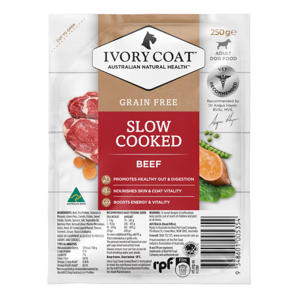 Ivory Coat Frozen Raw Dog Food Grain Free Slow Cooked Beef 250g x 6
