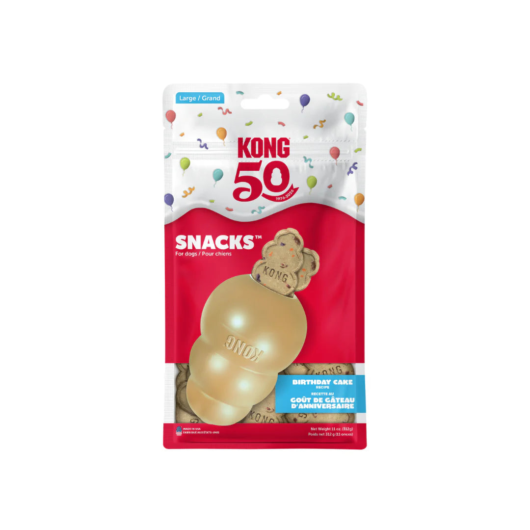 Kong 50th anniversary snacks packaging with birthday cake flavor on a white background