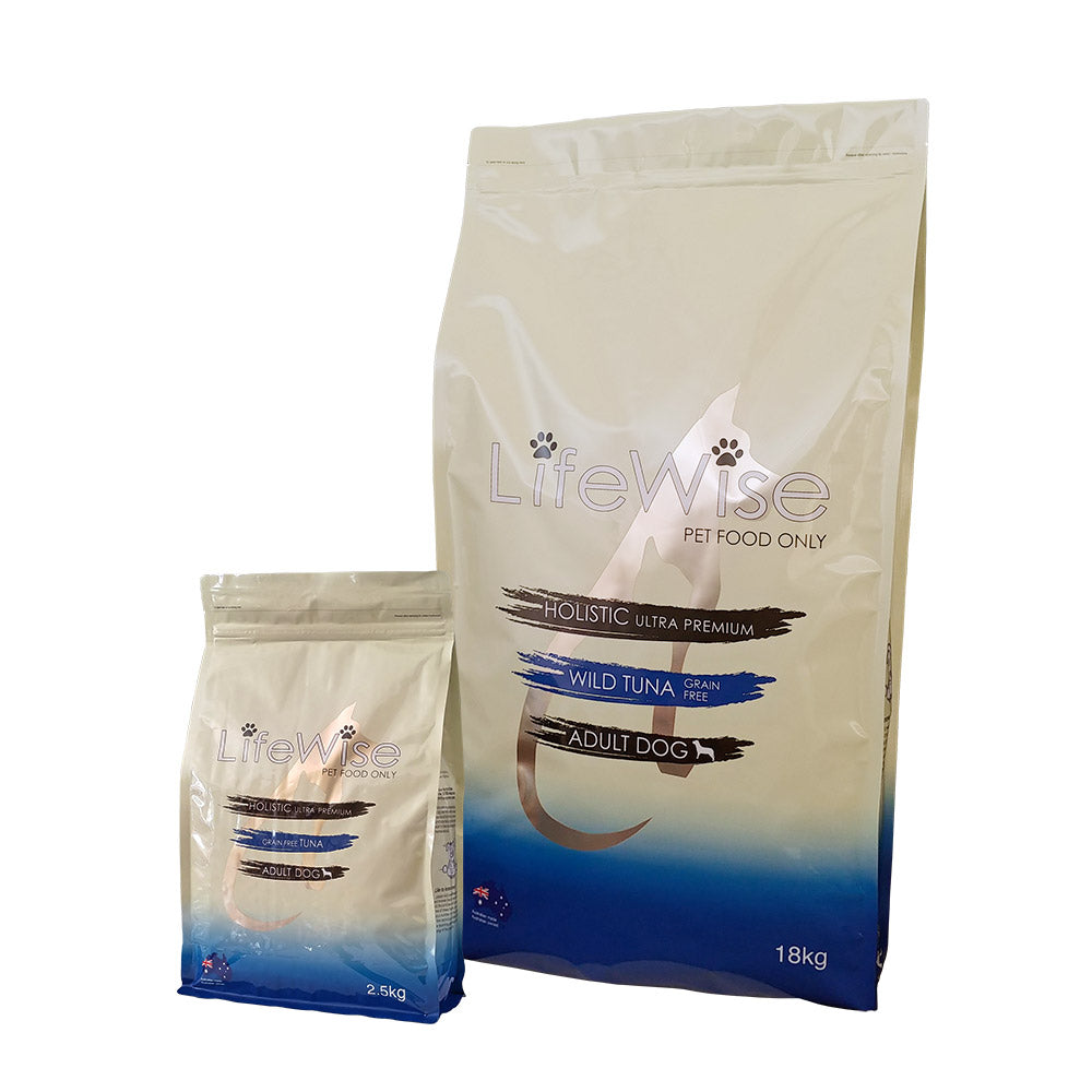 Two bags of LifeWise dog dry food with wild tuna, one smaller and one larger, both with branding and product information printed on them.