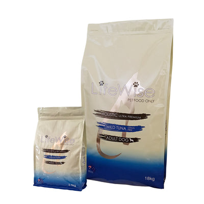 Two bags of LifeWise dog dry food with wild tuna, one smaller and one larger, both with branding and product information printed on them.