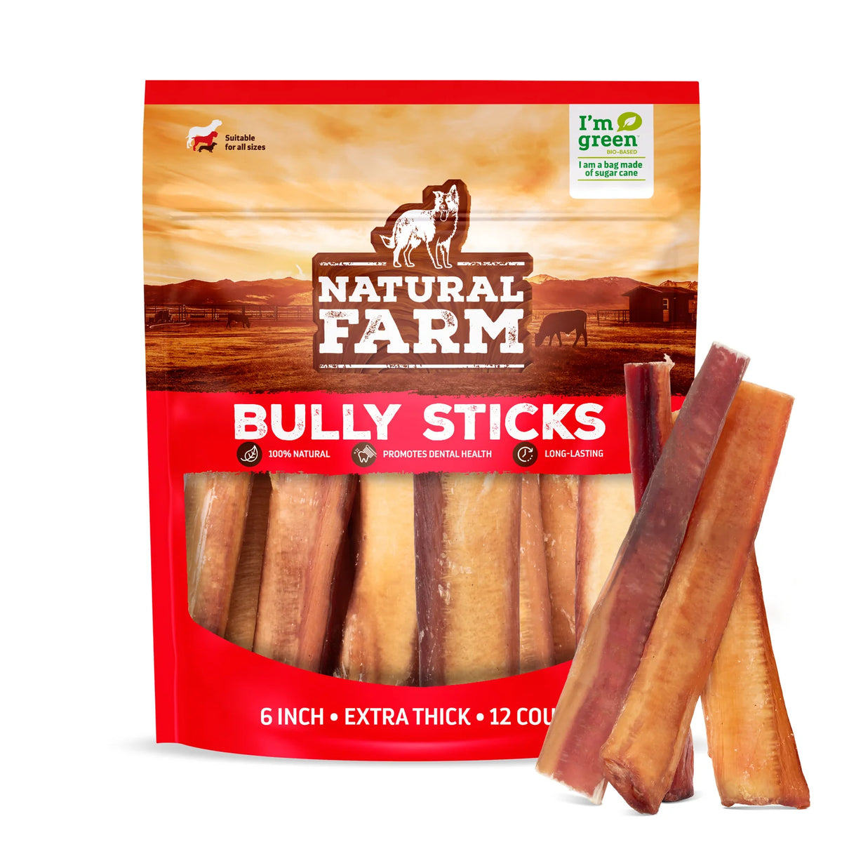Natural Farm Dog Treat 6" Extra Thick Bully Sticks 12Pack