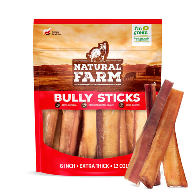 Natural Farm Dog Treat 6" Extra Thick Bully Sticks 12Pack