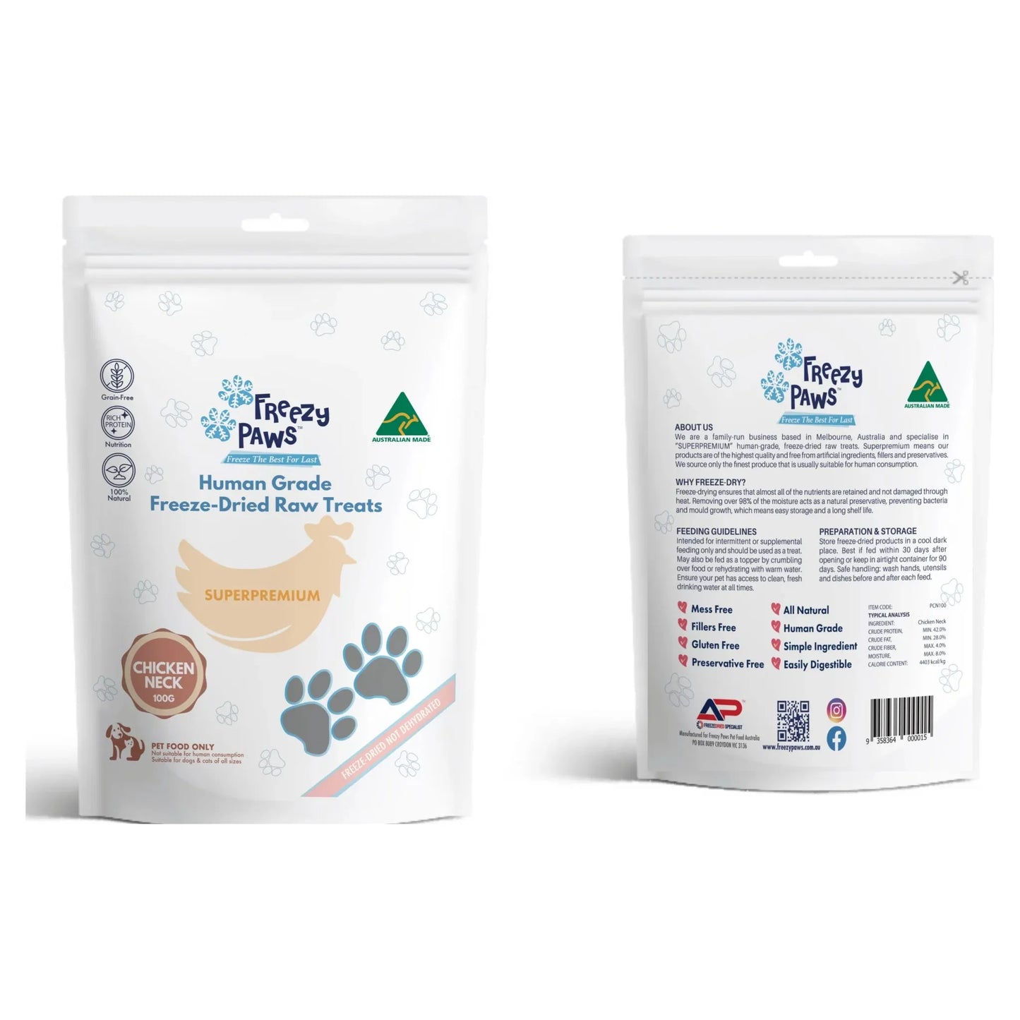 Freezy Paws - Freeze-Dried Chicken Neck Raw Treats 100g