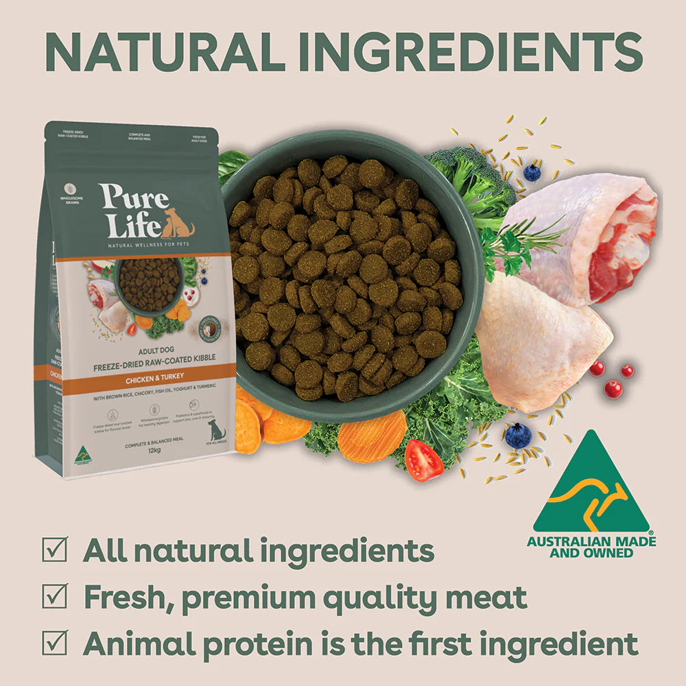 Pure Life Adult Dog Dry Food Freeze-Dried Raw-Coated Kibble Chicken & Turkey