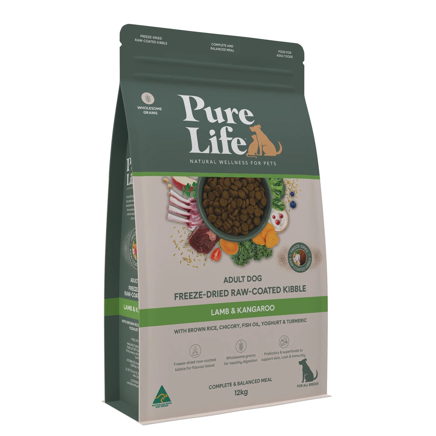 Pure Life Adult Dog Dry Food Freeze-Dried Raw-Coated Kibble Lamb & Kangaroo