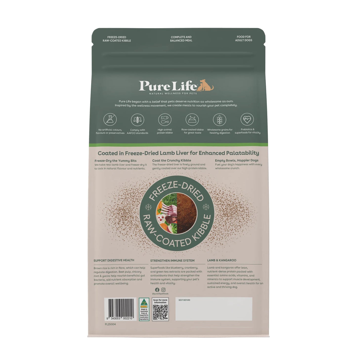 Pure Life Adult Dog Dry Food Freeze-Dried Raw-Coated Kibble Lamb & Kangaroo
