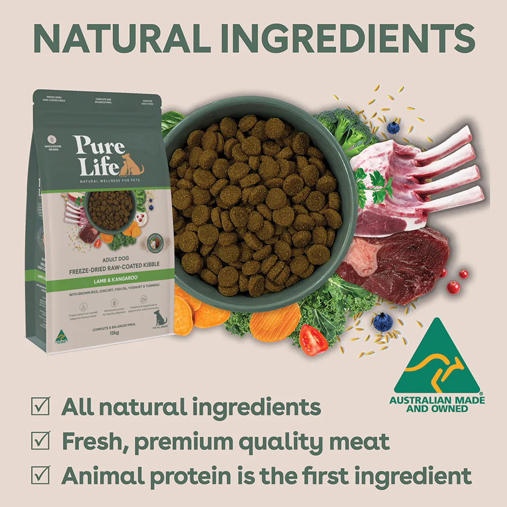 Pure Life Adult Dog Dry Food Freeze-Dried Raw-Coated Kibble Lamb & Kangaroo