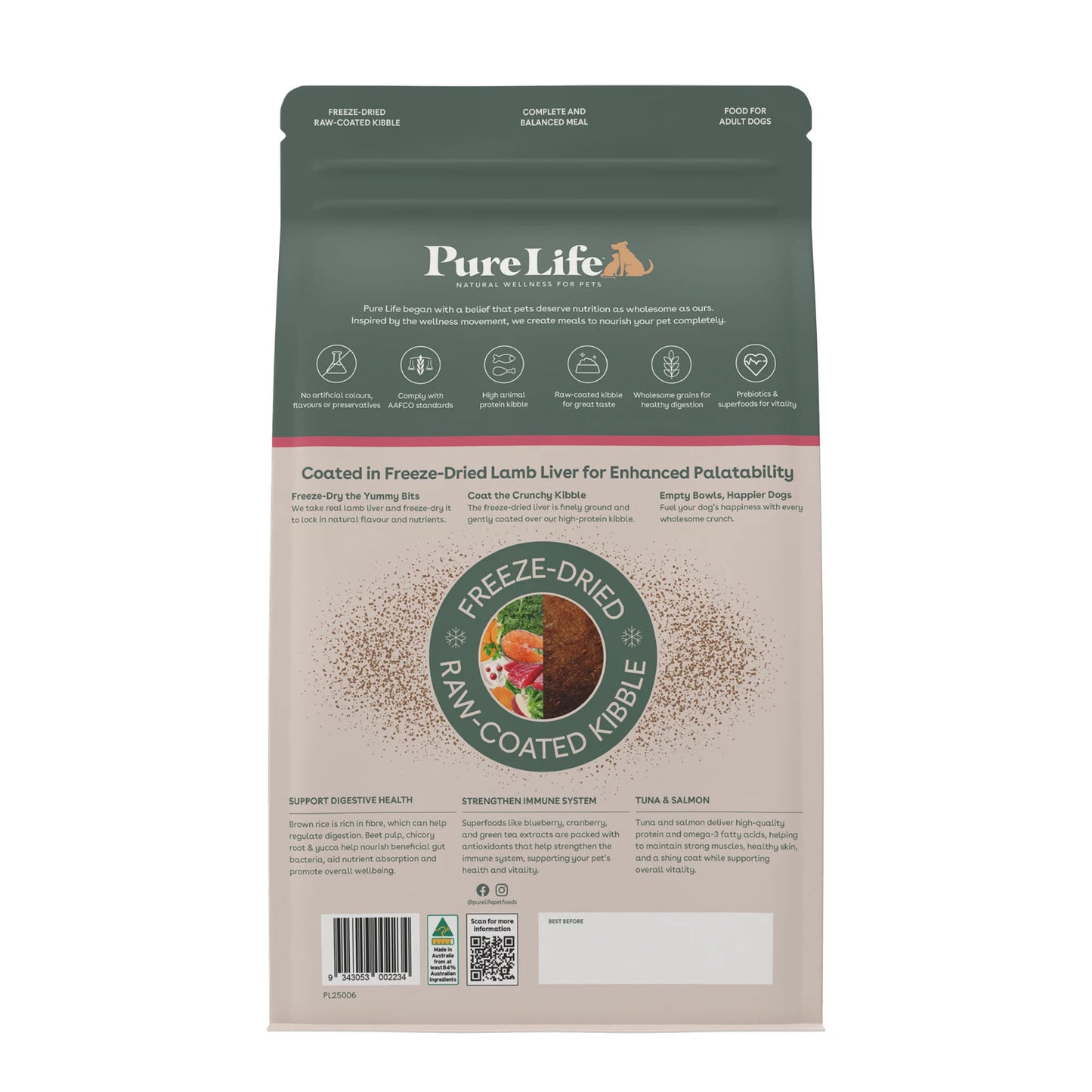 Pure Life Adult Dog Dry Food Freeze-Dried Raw-Coated Kibble Tuna & Salmon