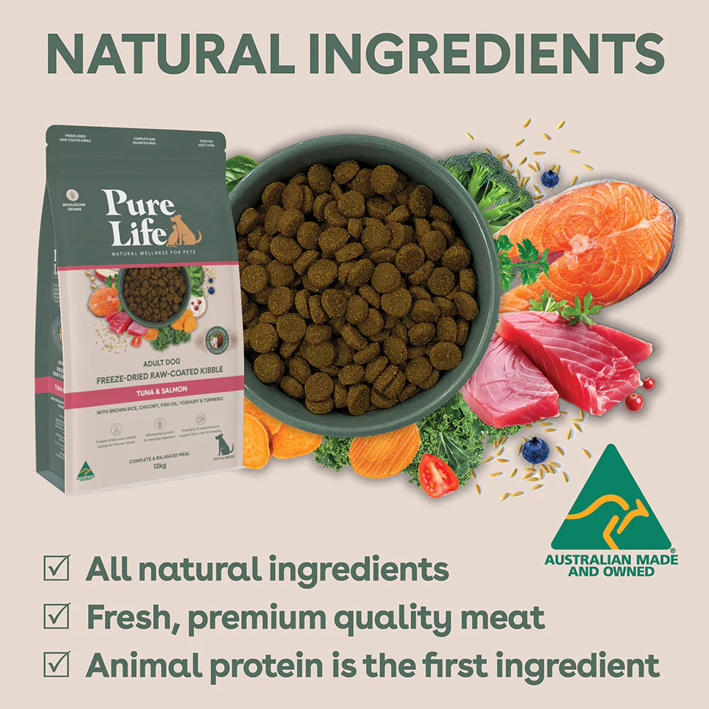 Pure Life Adult Dog Dry Food Freeze-Dried Raw-Coated Kibble Tuna & Salmon