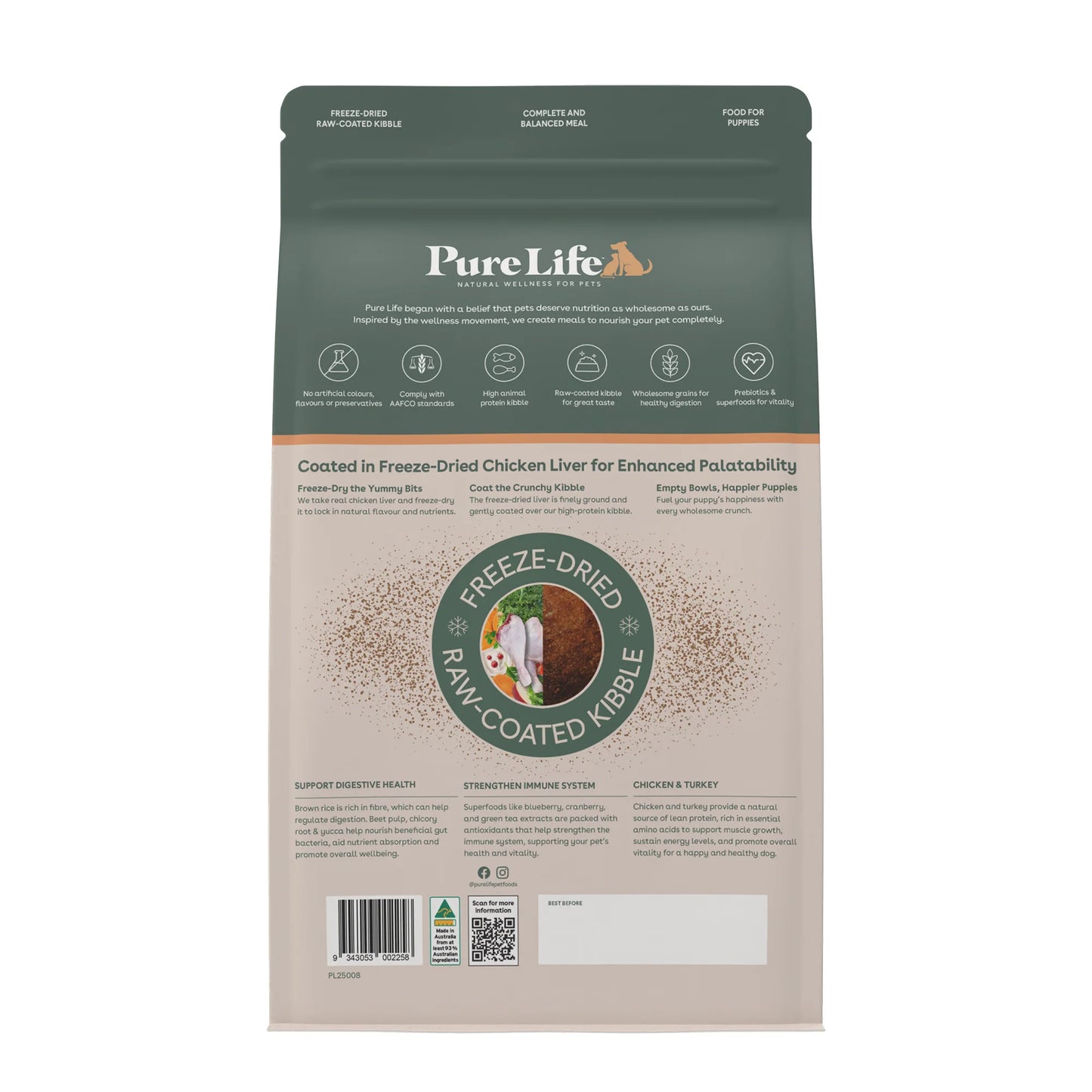 Pure Life Puppy Dog Dry Food Freeze-Dried Raw-Coated Kibble Chicken & Turkey