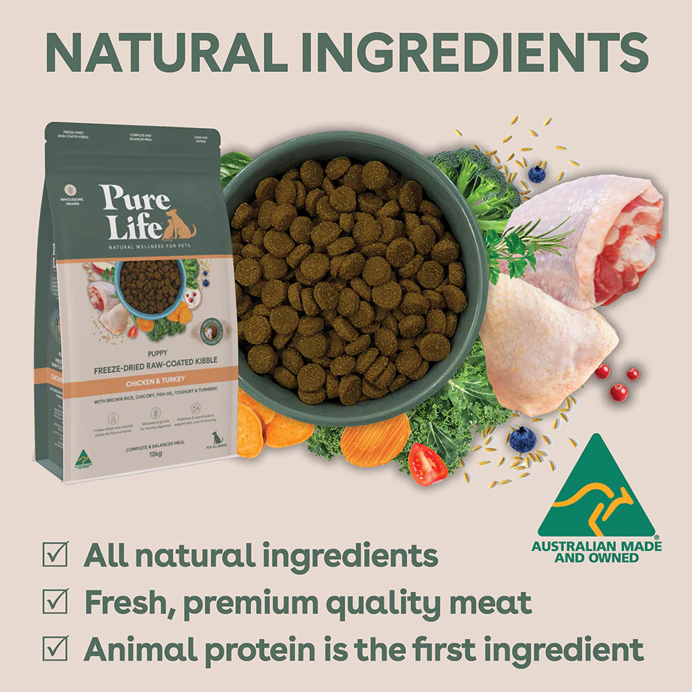 Pure Life Puppy Dog Dry Food Freeze-Dried Raw-Coated Kibble Chicken & Turkey