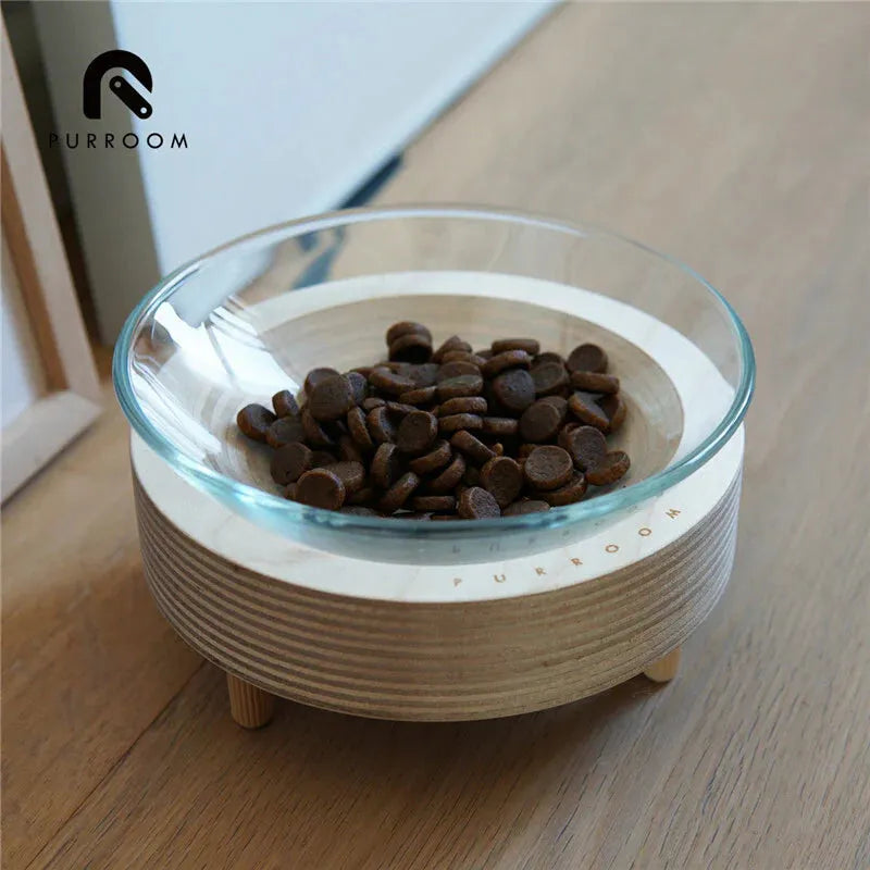 PURROOM Premium Glass Pet Bowl - Wood Stand