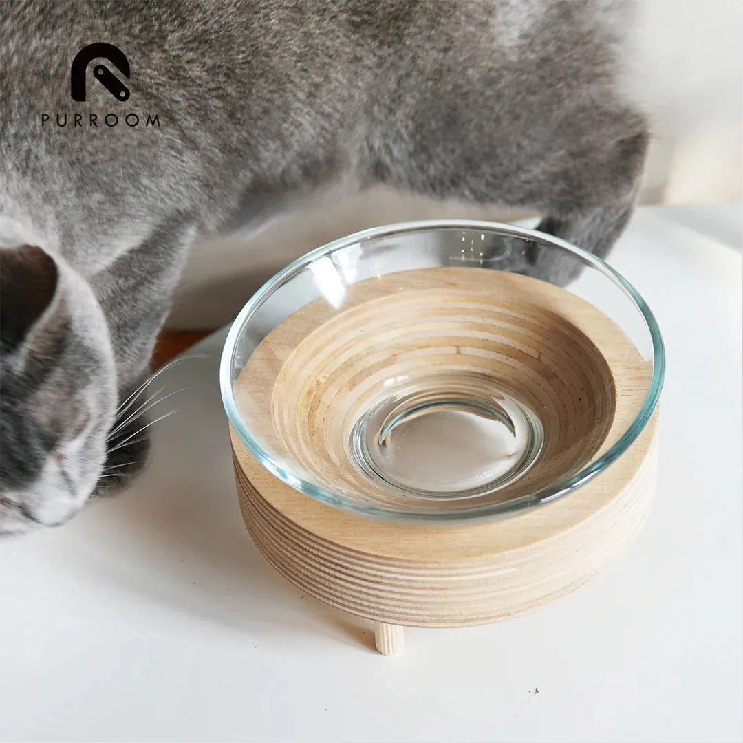 PURROOM Premium Glass Pet Bowl - Wood Stand