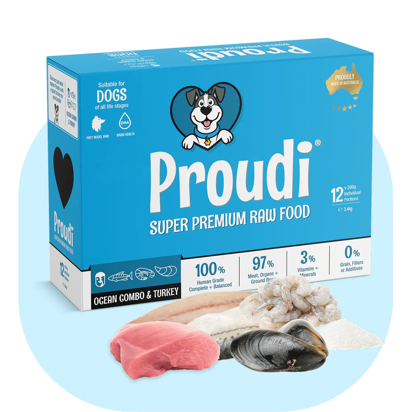 Proudi super premium raw food packaging for dogs on a light blue background