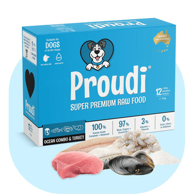 Proudi super premium raw food packaging for dogs on a light blue background