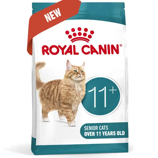 Royal Canin cat food package for senior cats over 11 years old on a white background