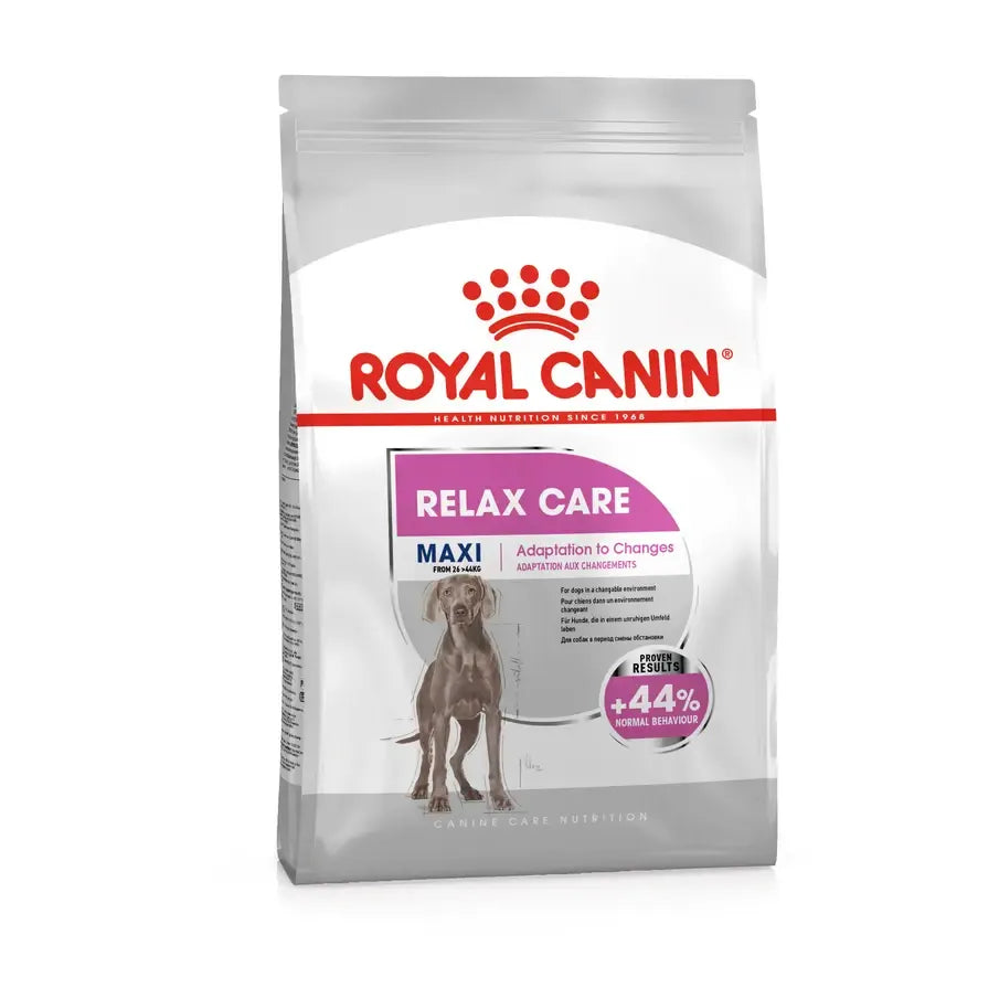 Royal Canin Relax Care Maxi dog food package on a white background