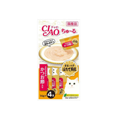 CIAO Churu Puree Chicken Fillet with Scallop and Sliced Bonito Cat Treats 4x14g