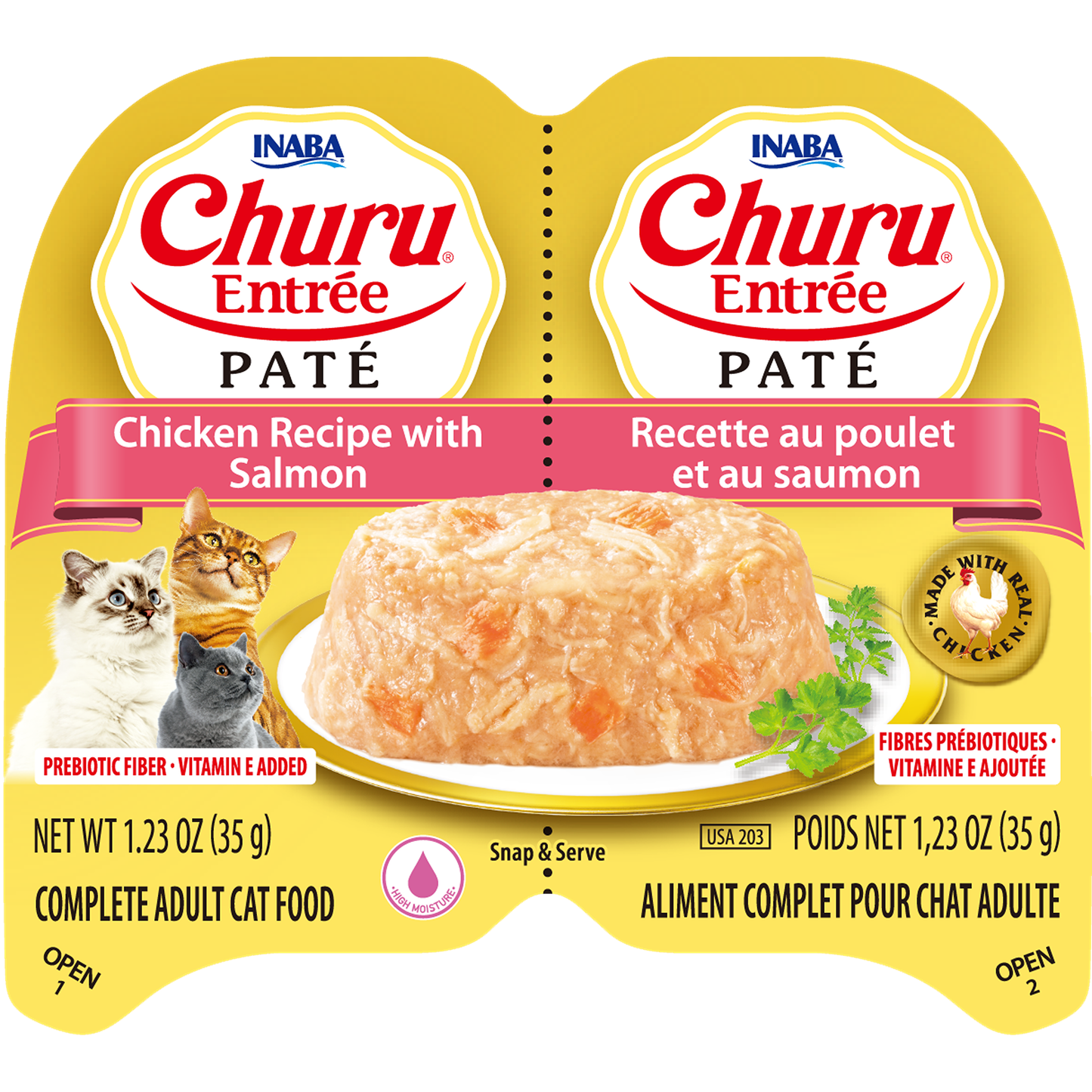 INABA Cat Complete and Balanced Wet Food Churu Entrée Pate Twin Cups Chicken Recipe with Salmon 35g x 2