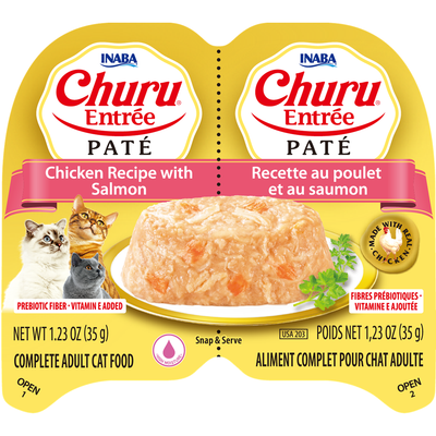 INABA Cat Complete and Balanced Wet Food Churu Entrée Pate Twin Cups Chicken Recipe with Salmon 35g x 2