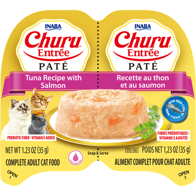 INABA Cat Complete and Balanced Wet Food Churu Entrée Pate Twin Cups Tuna Recipe with Salmon 35g x 2