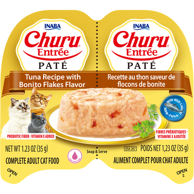 INABA Cat Complete and Balanced Wet Food Churu Entrée Pate Twin Cups Tuna Recipe Tuna Recipe with Bonito Flakes Flavor 35g x 2