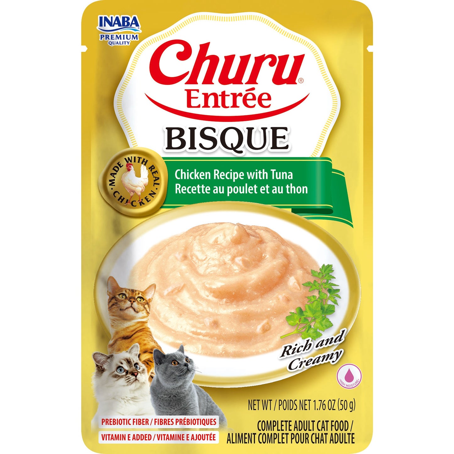 INABA Cat Complete and Balanced Wet Food Churu Entrée Bisque Chicken Recipe with Tuna 50g
