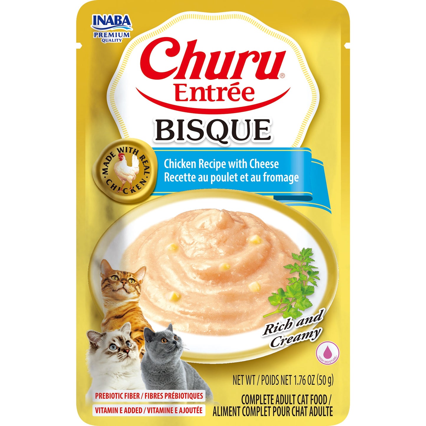 INABA Cat Complete and Balanced Wet Food Churu Entrée Bisque Chicken Recipe with Cheese 50g