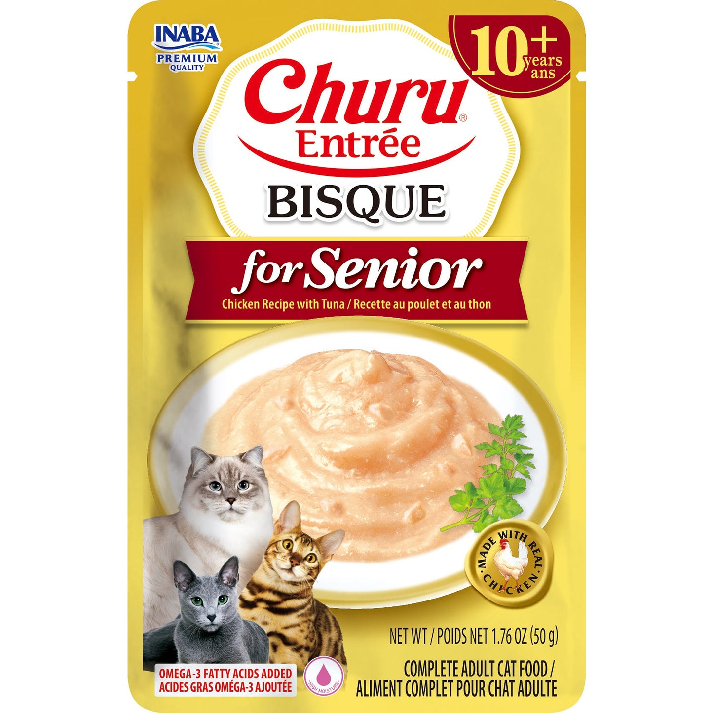 INABA Cat Complete and Balanced Wet Food Churu Entrée Bisque Chicken Recipe with Tuna Senior 10+ 50g