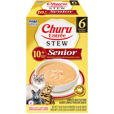 INABA Cat Complete and Balanced Wet Food Churu Entrée Stew Chicken Recipe with Tuna Senior 10+ Multi Pack 50g x 6