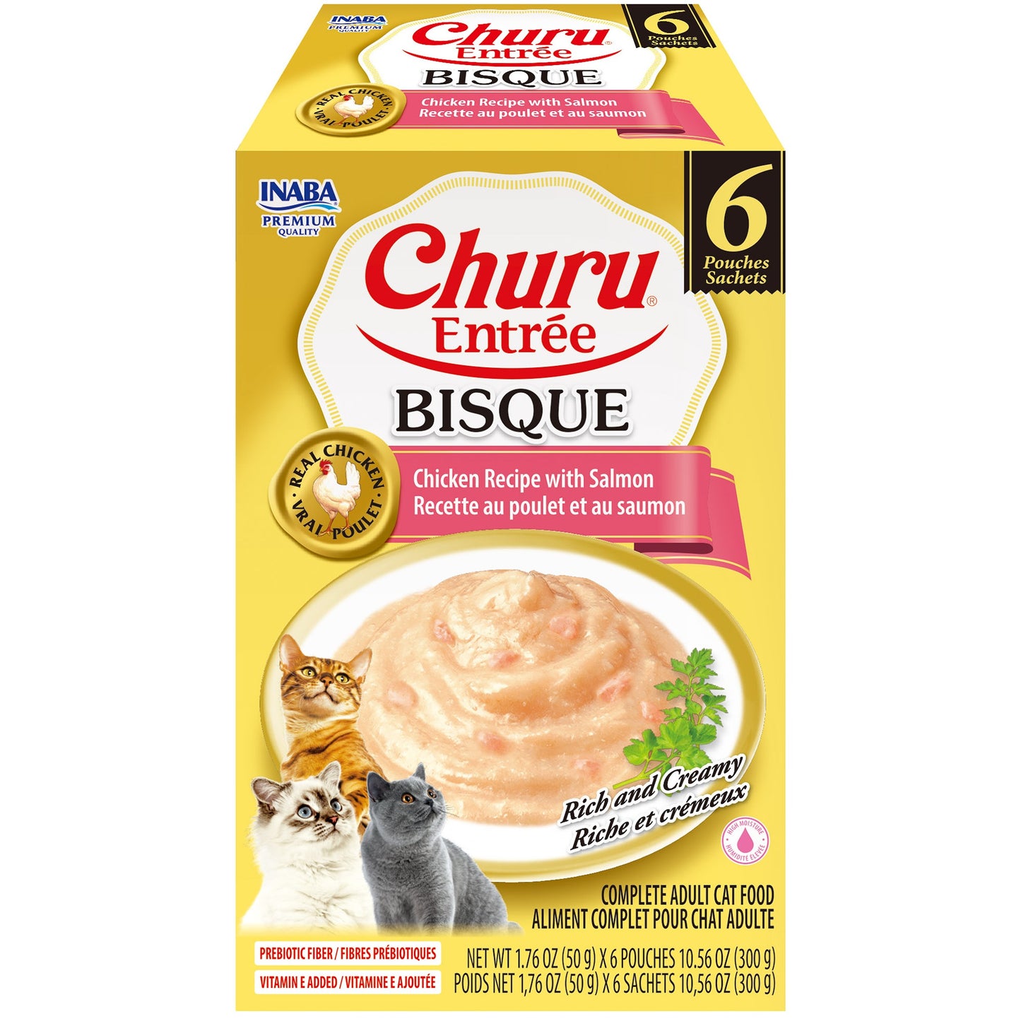 INABA Cat Complete and Balanced Wet Food Churu Entrée Bisque Chicken Recipe with Salmon Multi Pack 50g x 6