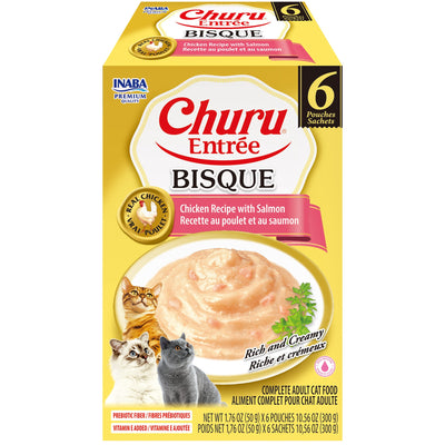 INABA Cat Complete and Balanced Wet Food Churu Entrée Bisque Chicken Recipe with Salmon Multi Pack 50g x 6