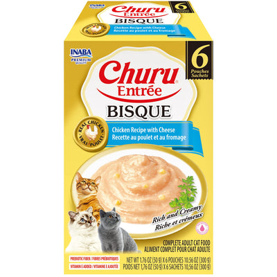INABA Cat Complete and Balanced Wet Food Churu Entrée Bisque Chicken Recipe with Cheese Multi Pack 50g x 6