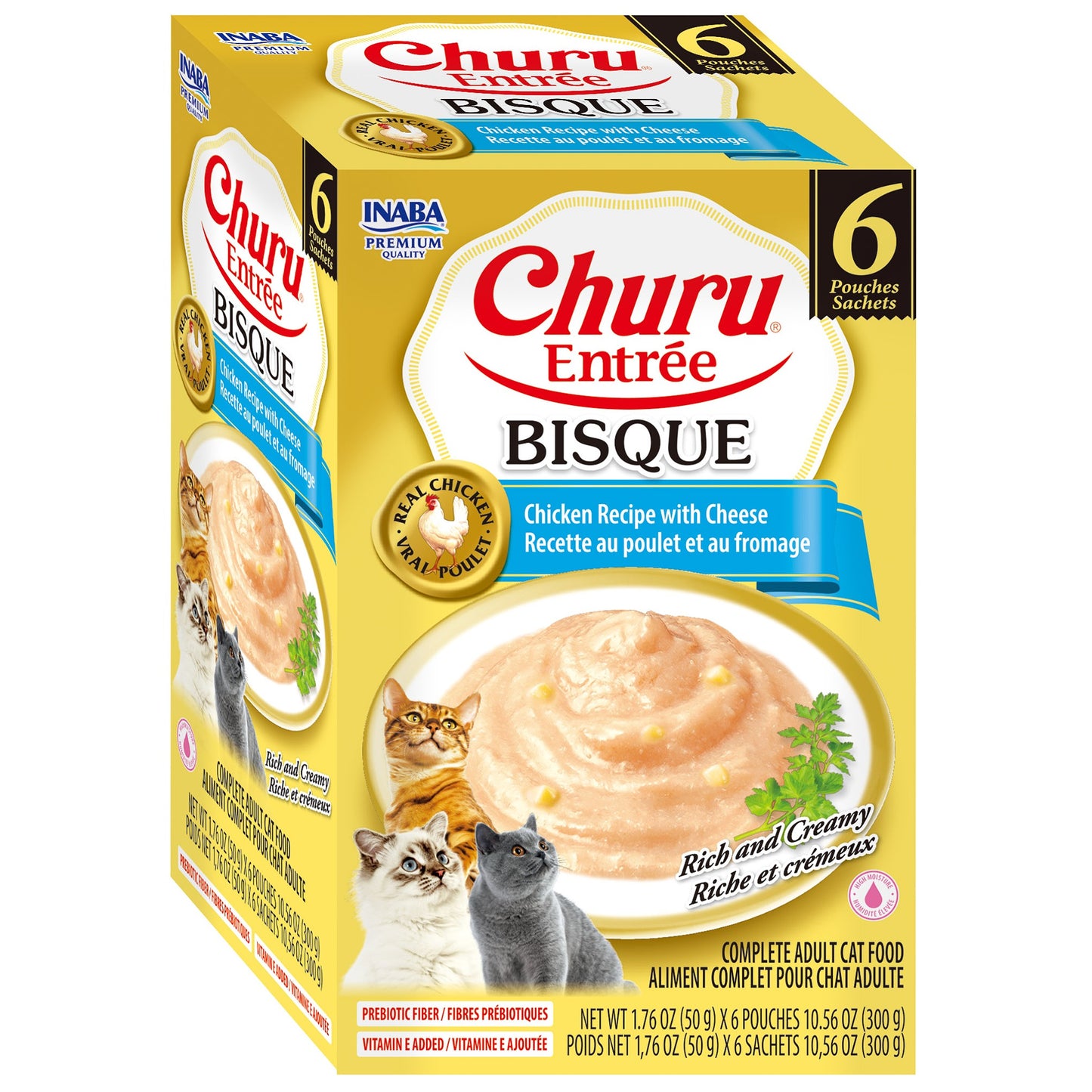 INABA Cat Complete and Balanced Wet Food Churu Entrée Bisque Chicken Recipe with Cheese Multi Pack 50g x 6