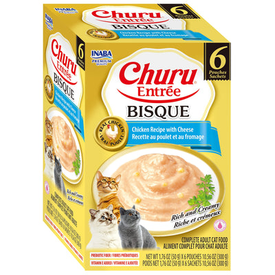 INABA Cat Complete and Balanced Wet Food Churu Entrée Bisque Chicken Recipe with Cheese Multi Pack 50g x 6