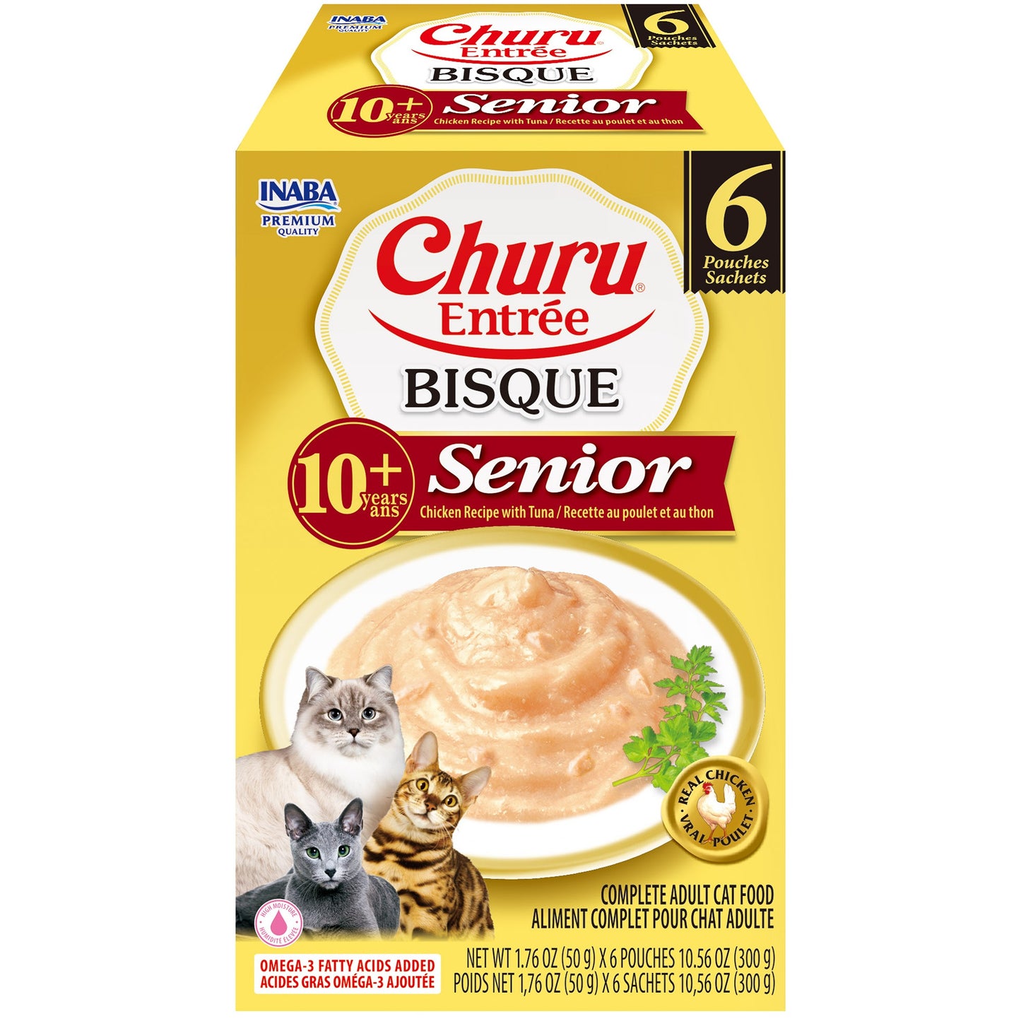 INABA Cat Complete and Balanced Wet Food Churu Entrée Bisque Chicken Recipe with Tuna Senior 10+ Multi Pack 50g x 6