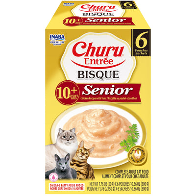 INABA Cat Complete and Balanced Wet Food Churu Entrée Bisque Chicken Recipe with Tuna Senior 10+ Multi Pack 50g x 6