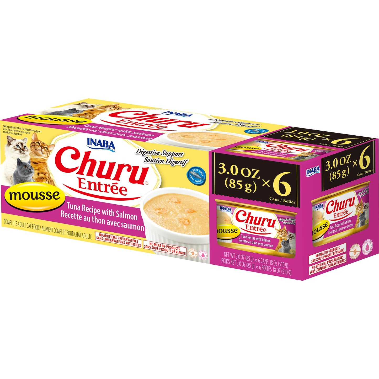 INABA Cat Complete and Balanced Wet Food Churu Entrée Mousse Tuna Recipe with Salmon Multi Pack Can 85g x 6