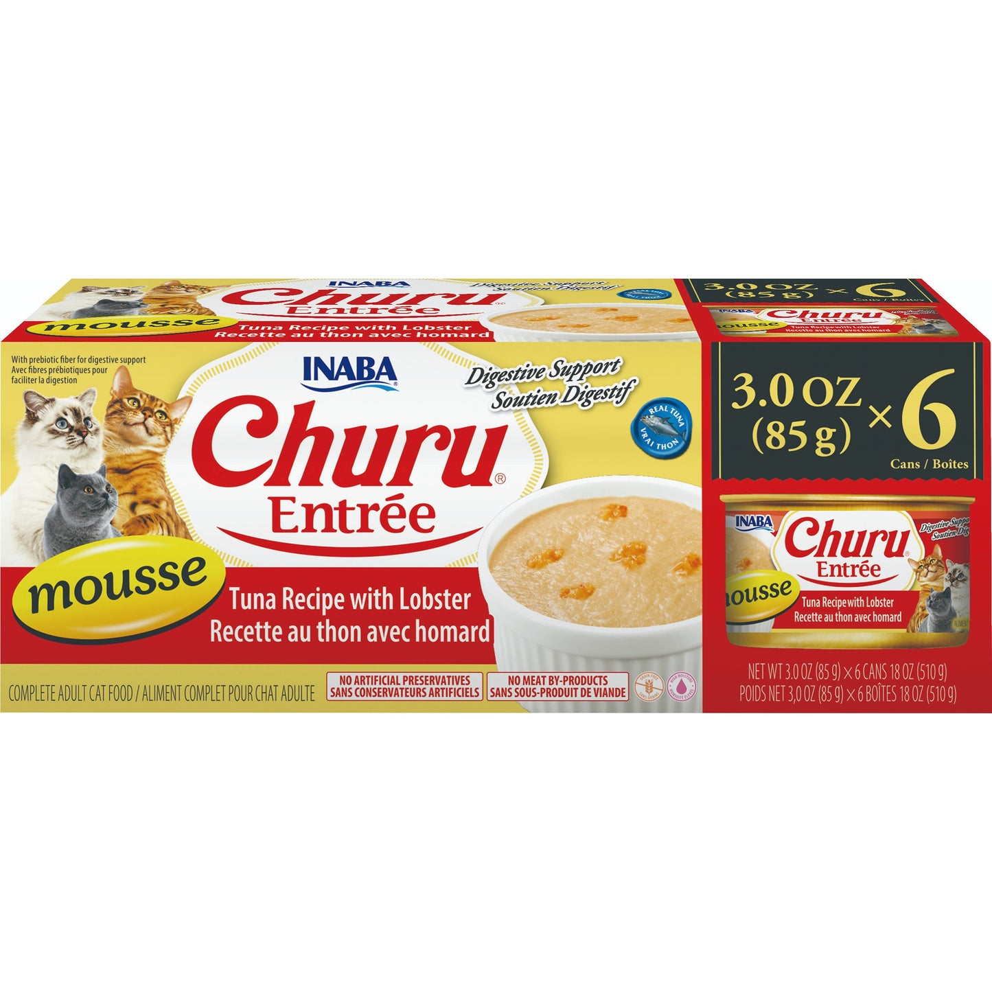 INABA Cat Complete and Balanced Wet Food Churu Entrée Mousse Tuna Recipe with Lobster Multi Pack Can 85g x 6
