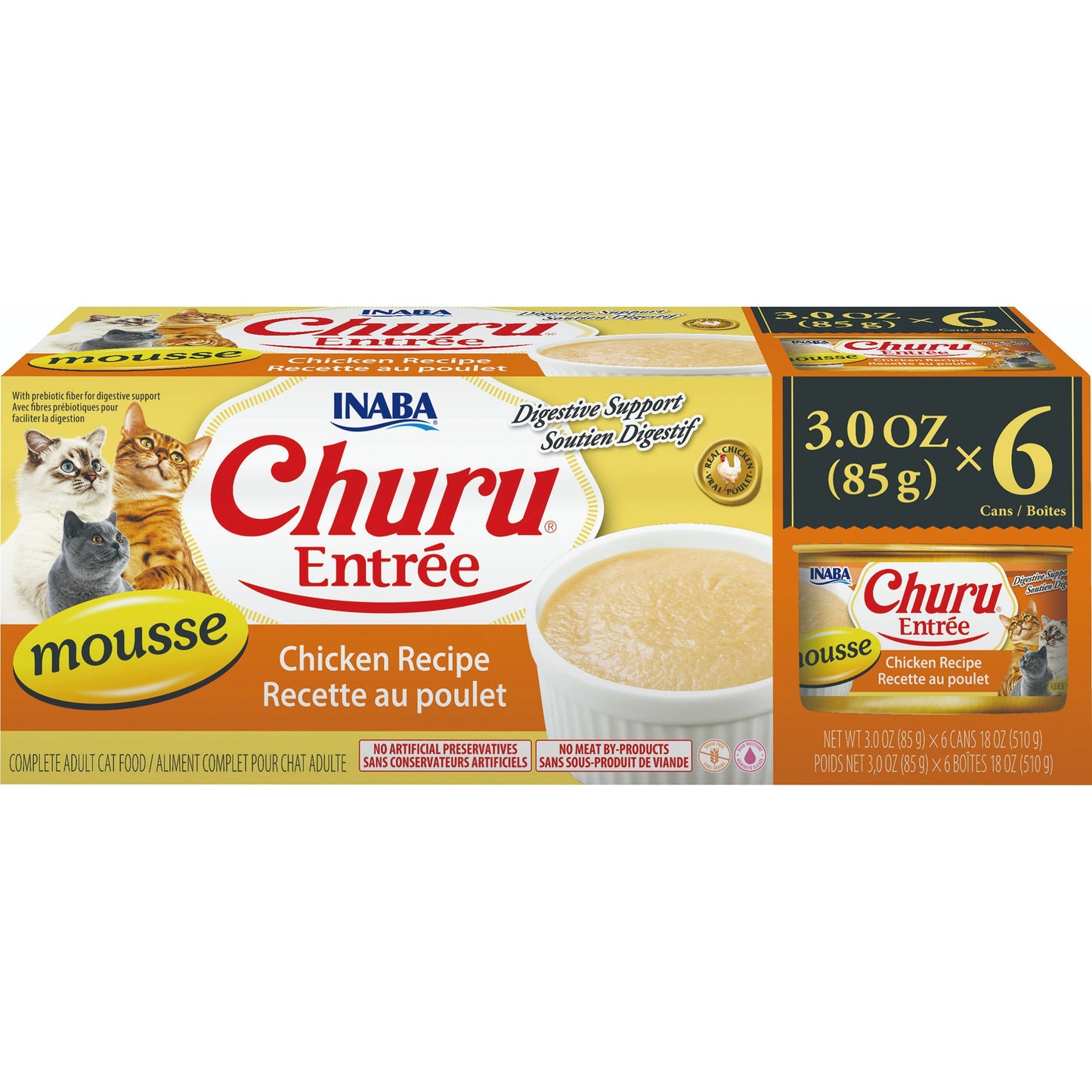 INABA Cat Complete and Balanced Wet Food Churu Entrée Mousse Chicken Recipe Multi Pack Can 85g x 6