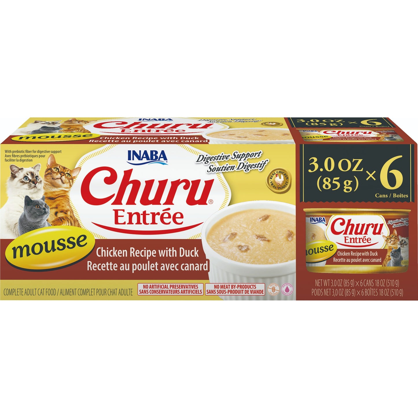 INABA Cat Complete and Balanced Wet Food Churu Entrée Mousse Chicken Recipe with Duck Multi Pack Can 85g x 6