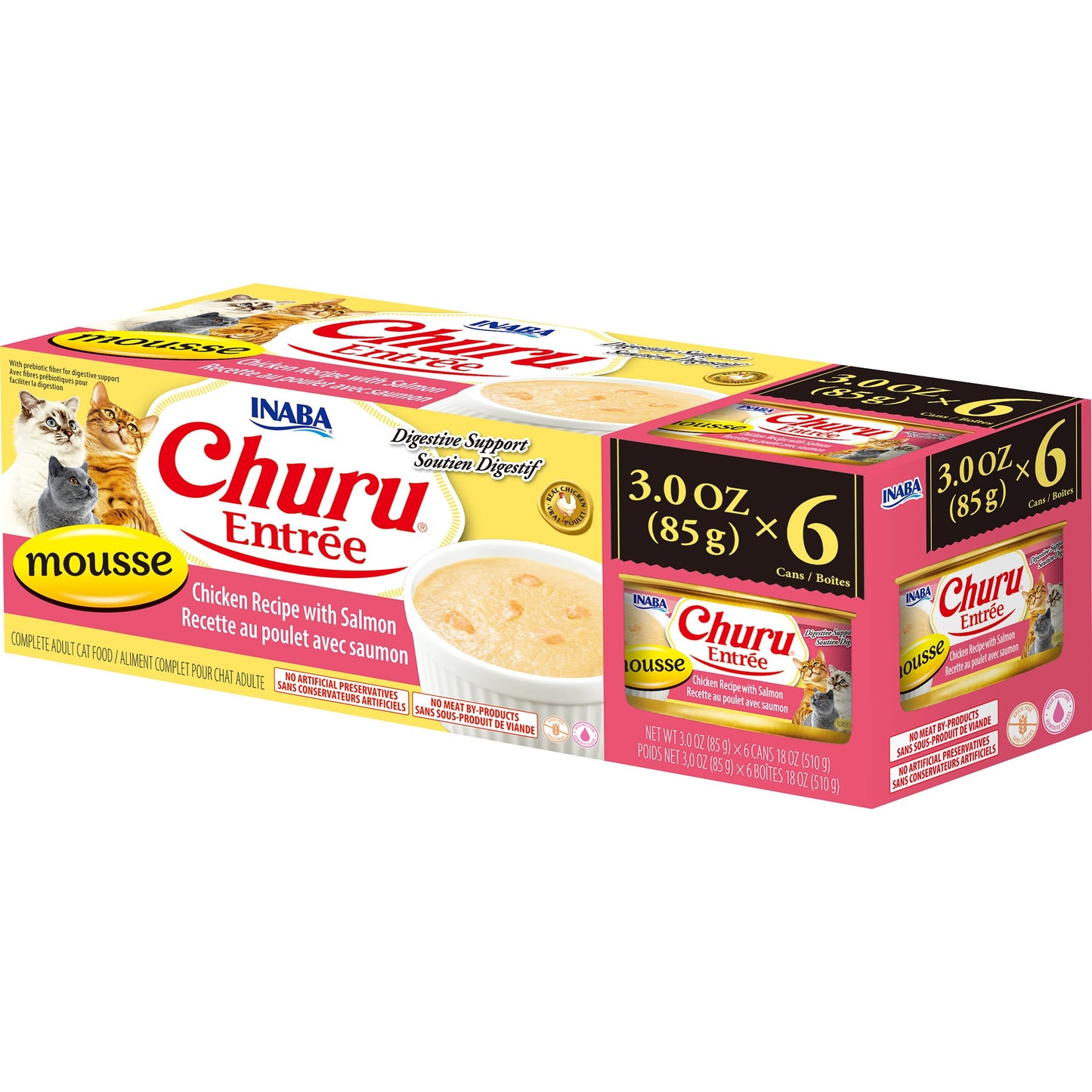 INABA Cat Complete and Balanced Wet Food Churu Entrée Mousse Chicken Recipe with Salmon Multi Pack Can 85g x 6